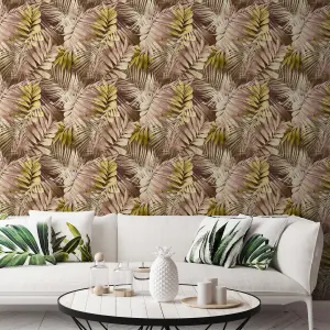 Grandeco Antigua Palm Pink & Ochre Palm Leaf Wallpaper