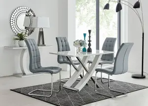 Furniturebox UK Mayfair 4 White High Gloss And Stainless Steel Dining Table And 4 Grey Murano Chairs