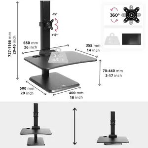 Duronic DM05D14 Sit-Stand Desk Workstation, Desk Convertor, Manually Height Adjustable 7-44cm, 65x51cm Platform - black