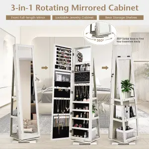 Costway 3-in-1 Rotating Jewelry Armoire Freestanding Lockable Jewelry Organizer w/ Makeup Mirror