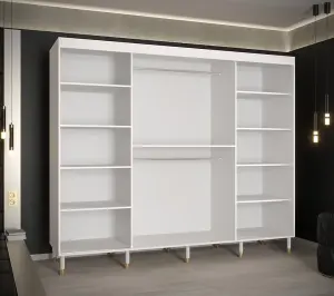 Bergen Contemporary 3 Sliding Door Wardrobe Gold Handles Marble Effect 9 Shelves 2 Rails White (H)2080mm (W)2500mm (D)620mm