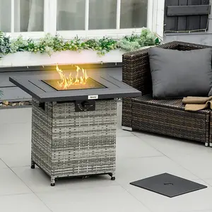 Outdoor PE Rattan Table with Rain Cover and Lava Stone