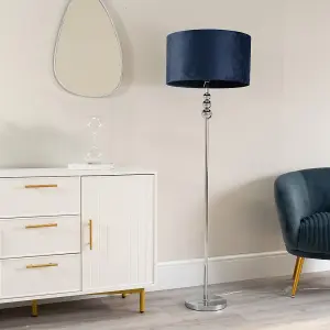 ValueLights Marissa Chrome Stacked Ball Floor Lamp with Navy Blue Velvet Shade - LED Bulb Included