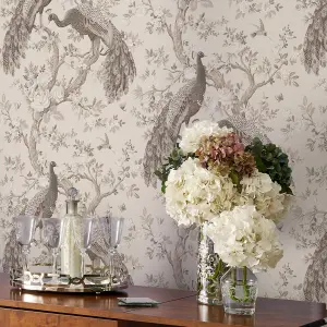 Laura Ashley Belvedere Soft truffle Peacock Smooth Wallpaper