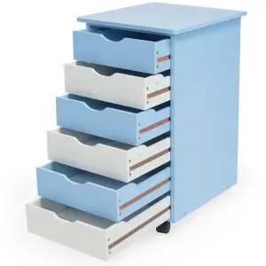 Chest of Drawers - with 6 drawers, made of wood, with 4 wheels, 36 x 40 x 65 cm - blue