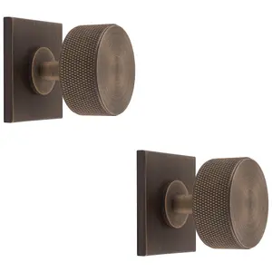 2 PACK - Knurled Radio Cabinet Door Knob & Matching Backplate - Antique Brass 40 x 40mm