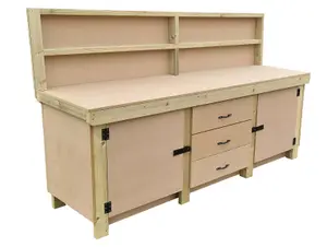 Wooden work bench with drawers and double lockable cupboard (V.8) (H-90cm, D-70cm, L-240cm) with back panel and double shelf