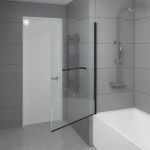 SunDaze 6mm Toughened Safety Glass Curved Pivot Shower Bath Screen with Towel Rail - 1400x800mm Black