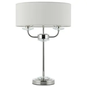 Twin Light Table Lamp Bright Nickel & White Shade Crystal Trim Bedside Feature