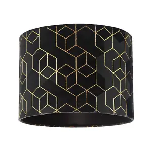 Black Soft Velvet Lamp Shade with Metallic Gold Foil Lines in Geometric Design