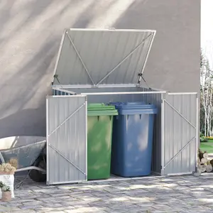 Outsunny 2-Bin Steel Rubbish Storage Shed w/ Double Locking Doors, Openable Lid