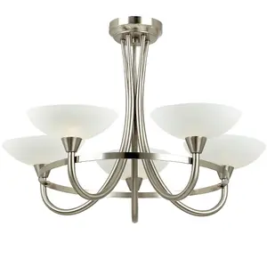 Semi Flush Ceiling Light Satin Chrome & White 5 Bulb Hanging Pendant Lamp Shade