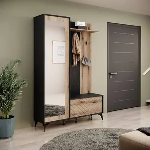 Stylish Diamond Hallway Set H1970mm W1340mm D390mm - Oak Evoke & Black for Space-Saving Storage