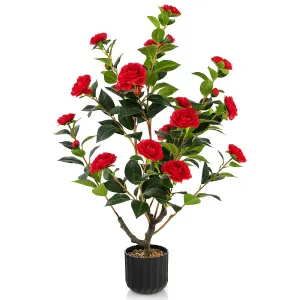 Costway Artificial Camellia Tree Faux Flower Plant Pot Artificial Tree W/ 24 Red Flowers