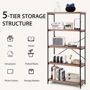 Costway 5-Tier Bookshelf Industrial Wood Bookcase Freestanding Display Rack Organizer