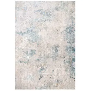 Silver Blue Metallic Distressed Geometric Living Area Rug 60x110cm