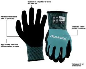 Makita Gloves Fitknit Cut Level 1 Nitrile Coated Dipped Breathable 1 Pair Medium