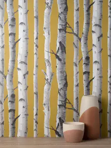 Fine Decor Birch Trees Mustard Wallpaper FD43290