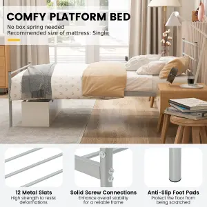 Costway Single Metal Bed Frame Heavy-duty Slatted Platform Bed w/ Headboard & Footboard No Box Spring Needed Silver