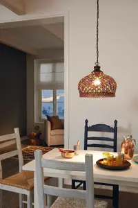 Hanging Ceiling Pendant Light Antique Copper & Coloured Glass 1 x 60W E27 Bulb