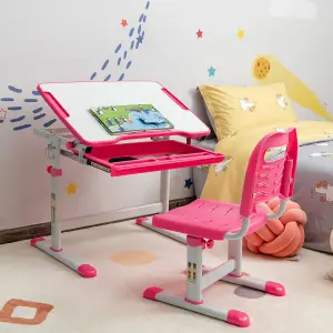 COSTWAY Kids Desk & Chair Set Adjustable Study Table with Tilting Tabletop