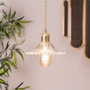 ValueLights Lucrezia Brushed Gold Hanging Ceiling Pendant Light Fitting with Clear Frilled Glass Lampshade - Bulb Included