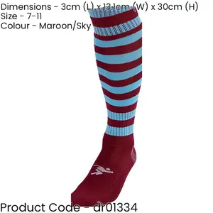 ADULT Size 7-11 Hooped Stripe Football Socks - MAROON/SKY BLUE - Contoured Ankle