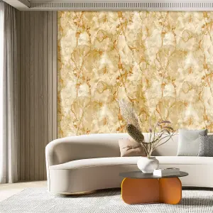 Galerie Stratum Collection Metallic Orange/Gold Marmo Marble Effect Double Width Wallpaper Roll