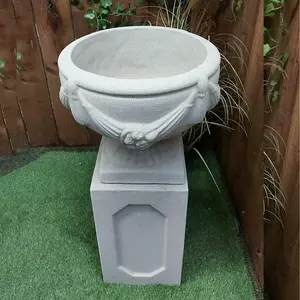 Large Round Sandstone Garden Urn on Square Plinth