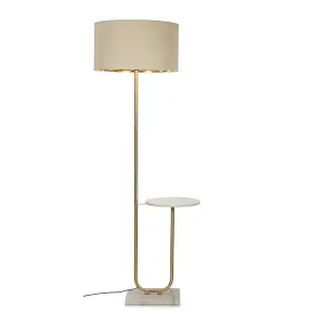 ValueLights Tavel Brushed Gold Floor Lamp with Table and Beige/Gold Shade