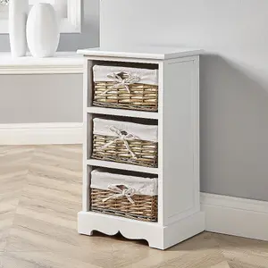 Home Source Lichfield 3 Wicker Basket Drawer Chest Storage Unit White