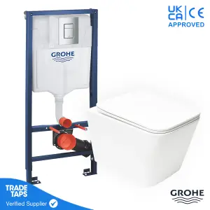 Square Rimless Wall Hung Toilet WC Pan with GROHE 1.13m Concealed Cistern Dual Flush  Frame - Chrome