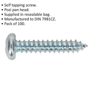 100 PACK 6.3 x 38mm Self Tapping Pan Head Screw - Pozi Head - Fixings Screw