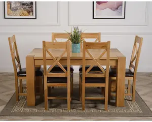 Kuba 150 x 85 cm Chunky Medium Oak Dining Table and 6 Chairs Dining Set with Berkeley Brown Leather Chairs