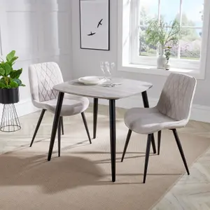 Core Products Aspen Grey Oak Effect 80cm Square Dining Table with 2 Natural Fabric Diamond Stitch Design Chairs