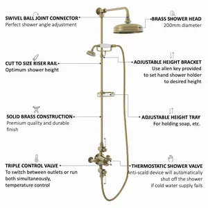 ENKI Downton Antique Brass Traditional 2-Outlet Brass Thermostatic Shower Set 200mm