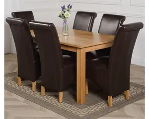 Oslo 150 x 90 cm Medium Oak Dining Table and 6 Chairs Dining Set with Montana Brown Leather Chairs