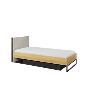 Teen Flex 16 Single Bed in Oak Hickory, Silk Flou & Raw Steel - EU Single 900mm x 2000mm - Modern Storage Bed with LED Lighting