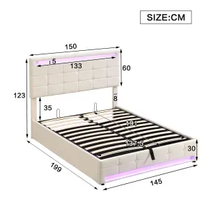 Upholstered bed, Hydraulic Bed, Adults Teenagers Double Bed, with 7colors LED-light strips, Velvet+Iron, 135x190cm,Beige