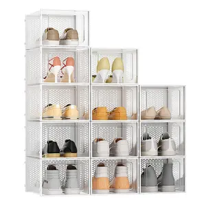 12 Pcs White Stackable Plastic Shoe Box Sneakers Storage Box Organiser, Fit Size up to 13.5