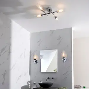 Chrome Semi Flush Bathroom Ceiling Light - Ribbed & Frosted Glass - 4 Bulb