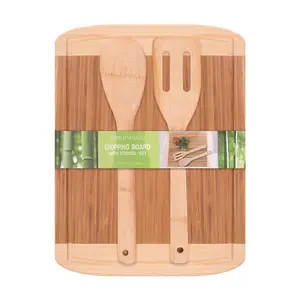 Woodluv Chef Professional Bamboo Large Chopping Board Butcher Block for Kitchen with Dripping Juice Collecting Groove & 2 Utensils