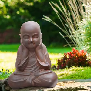 IDEALIST™ Buddha Statue 15.4 Inch Tall, Terracotta Reinforced Stone Sitting Baby Monk Figurine for Home and Garden L29 W23 H39 cm