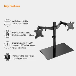 VonHaus Dual Monitor Stand Desk Mount for 13-27 Inch Screens - Wide Tempered Glass Base - Double Monitor Stand with Tilt & Swivel