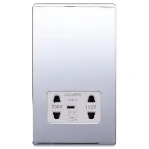 Polished Chrome Screwless Plate Shaver Socket 230/115V Plate - White Trim - SE Home