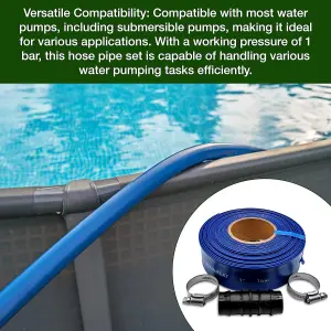 Ultimate Layflat Discharge Hose Pipe Set 10m x 25mm Diameter, Complete with 2 Clips, Joiner Coupler and Pond Connector