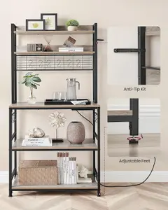 VASAGLE Kitchen Baker's Rack with Built-in Power Outlet, Coffee Station, Hooks, Shelf, Wire Panel, Greige and Ink Black