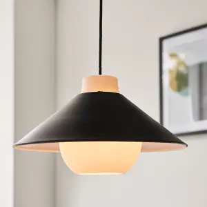 Matt Black & White Monochrome Angled Ceiling Pendant Light - Glass Inner Shade