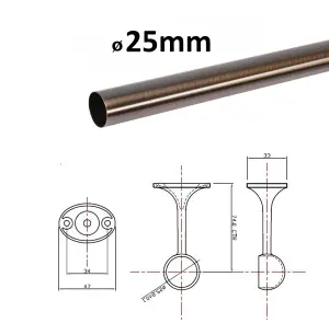 Suspended Round Wardrobe Rail Hanging Tube Pipe 800mm Antique Copper Set with End Brackets