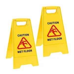 2x Double sided Bright Yellow Plastic Wet Floor Cleaning In Progress 'A' Sign For Slippery Floors/Washrooms & Public Areas